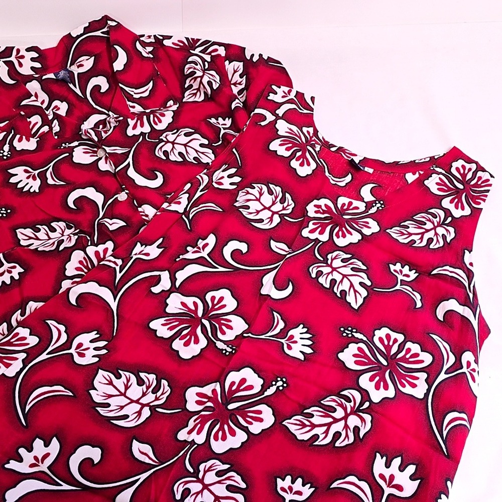 Hibiscus Collection Hawaii Dress Shirt Set Womens XL L Red Tropical Floral Rayon